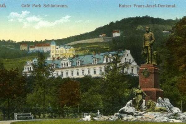 Postcard of Karlsbad, grand houses are scattered around green hills and mountains