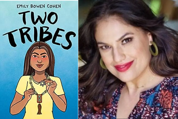 Book cover of graphic novel two tribes and headshot of Emily Cohen. 