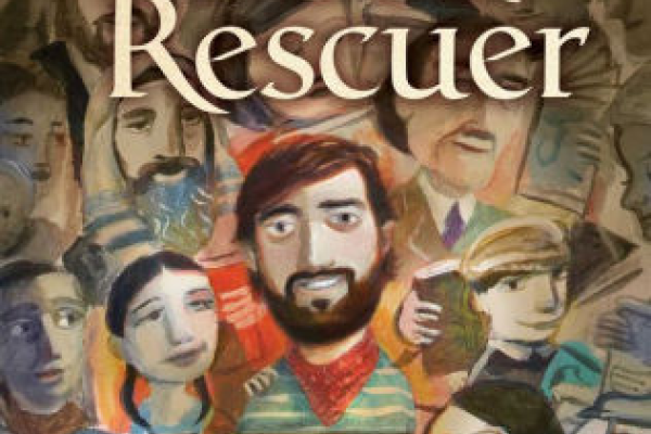 Cover of The Book Rescuer. Illustration of man holding book with diverse crowd behind him. 