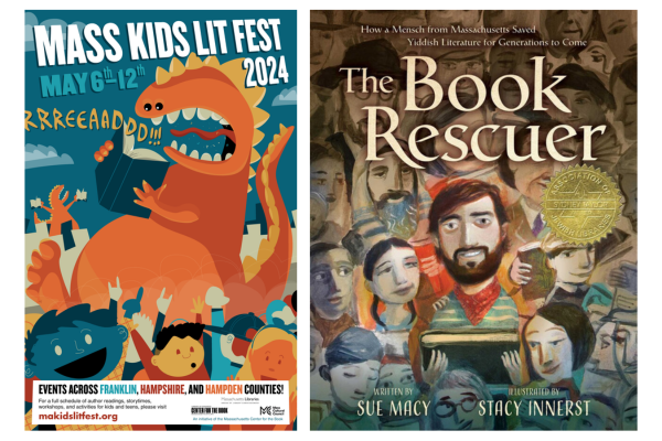 Flyer for Mass Kids Lit Fest and book cover of The Book Rescuer