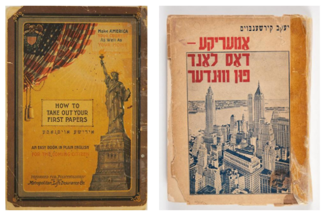 Two Yiddish book covers featuring American symbols
