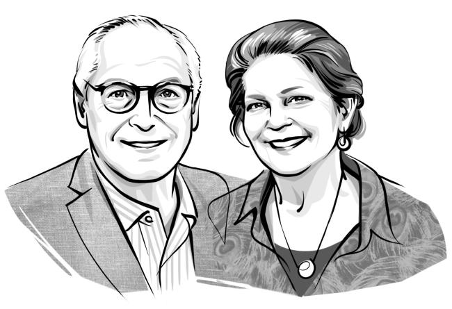 Black and white drawing of couple who are smiling proudly.