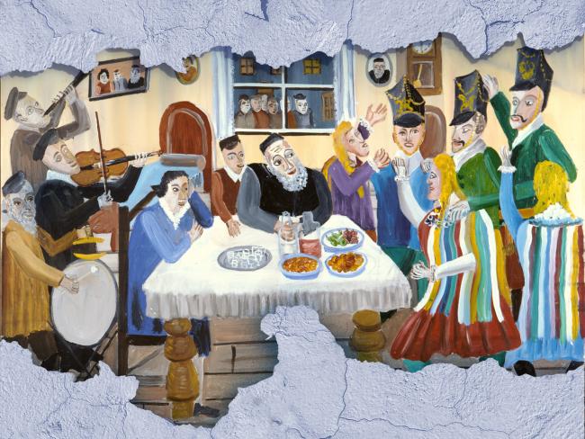 Folk painting of people enjoying a meal while a band plays music