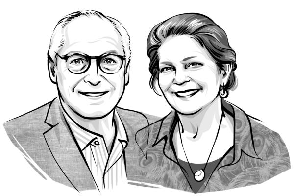 Black and white drawing of couple who are smiling proudly.
